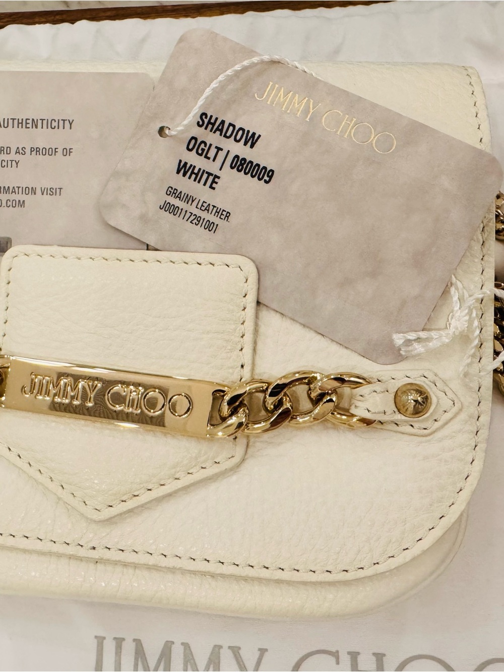 Jimmy Choo White Grainy Leather Shoulder Bag with Gold Chain
